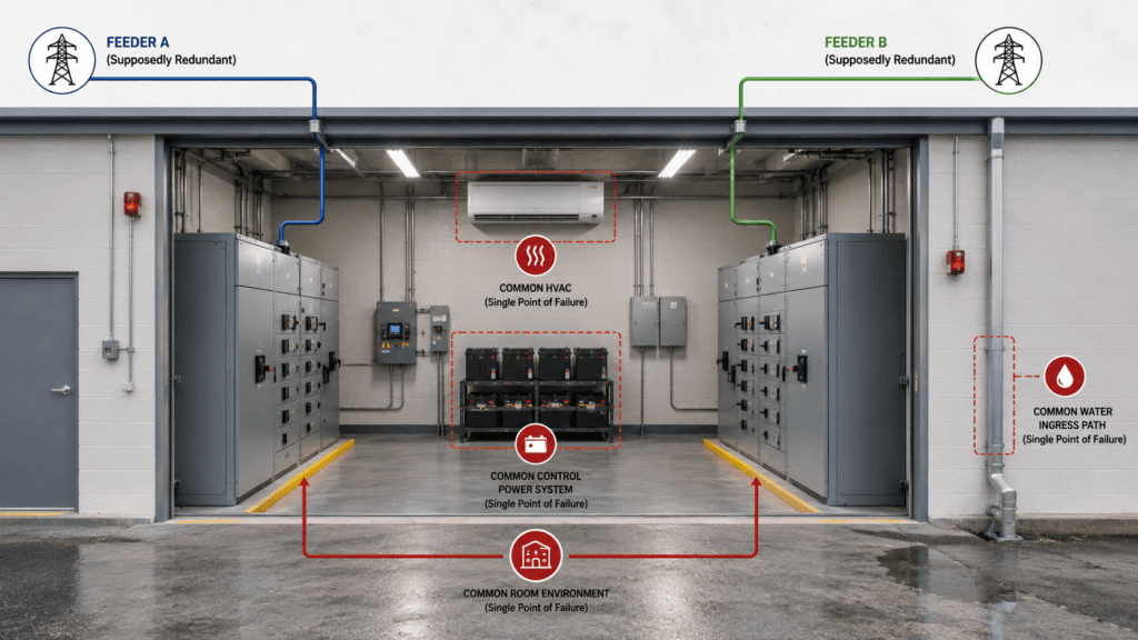 Two electrical feeders sharing one room, cooling system, control power supply, and water-ingress exposure