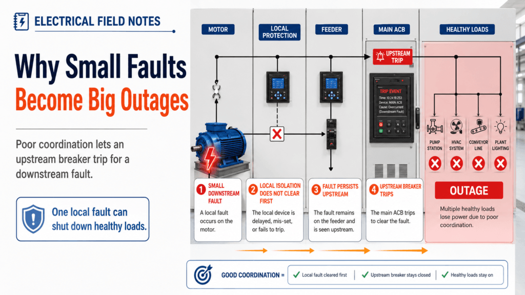 Small downstream fault causing upstream main breaker trip and plant outage