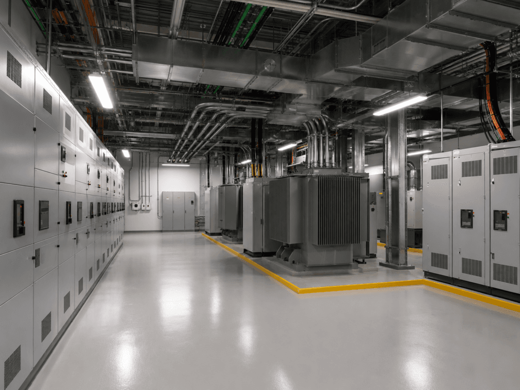 Electrical room with low-voltage switchgear, transformers, and overhead cable trays as part of the upstream power path in a data center.