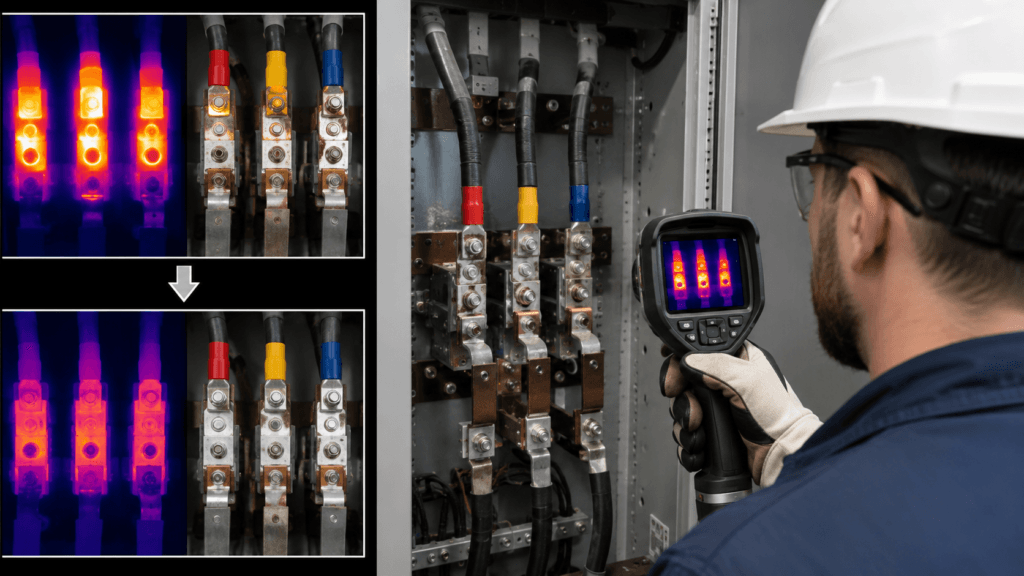Before-and-after thermal images confirming reduced terminal temperature after electrical connection repair