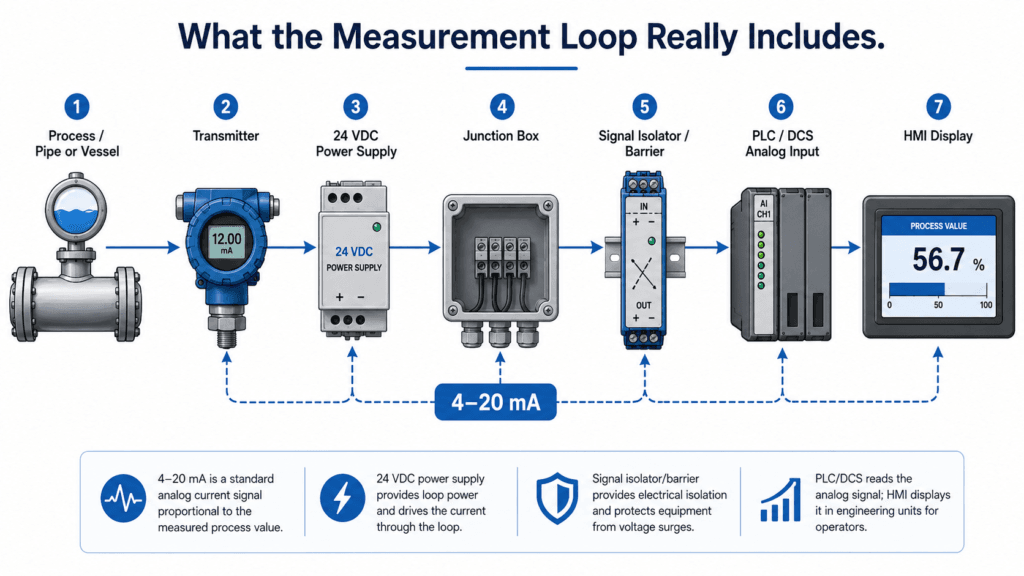 4-20mA transmitter loop from field device to PLC and HMI