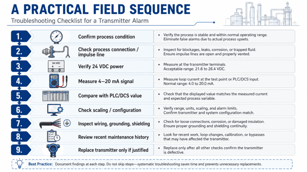 Field troubleshooting checklist for transmitter alarm