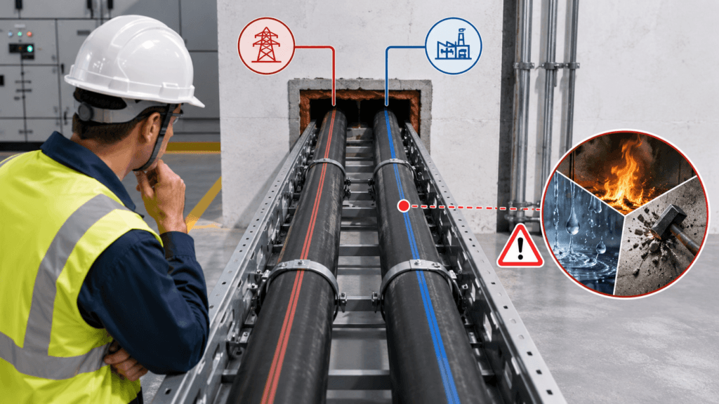 Two supposedly redundant power cables sharing one cable tray and facing the same fire, water, and mechanical damage risks