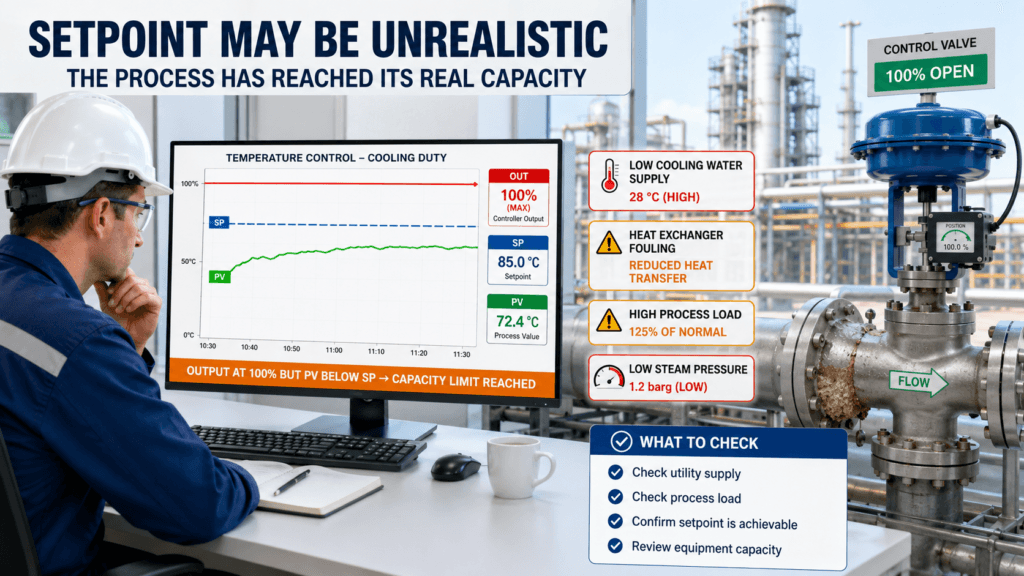 Saturated PID loop caused by limited utility supply, high process load, and reduced equipment capacity