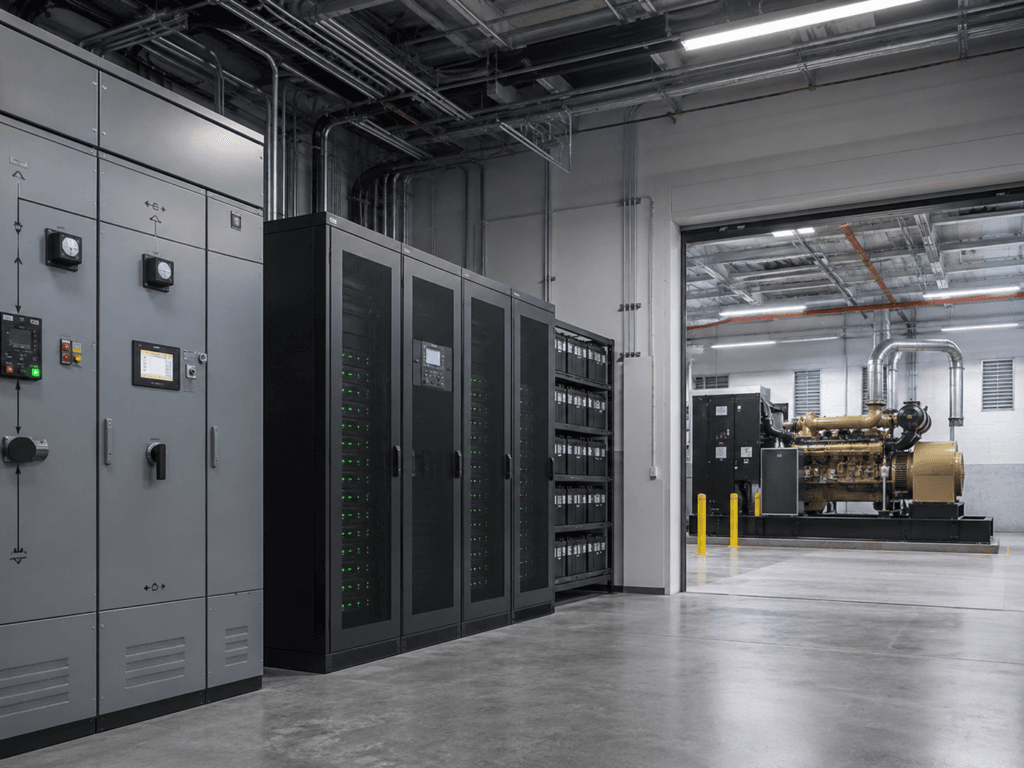 UPS cabinets and battery systems positioned between electrical switchgear and backup generator equipment in a mission-critical power room.