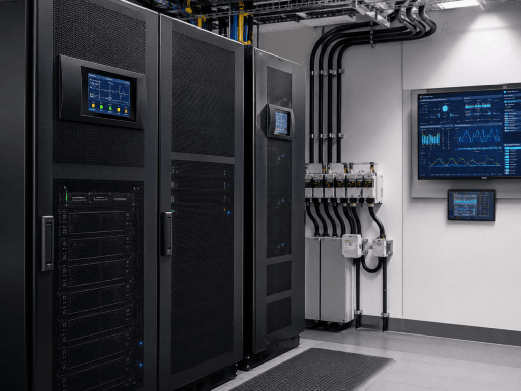 UPS cabinets, power distribution equipment, monitoring displays, and organized cabling used for power quality management in a critical facility.