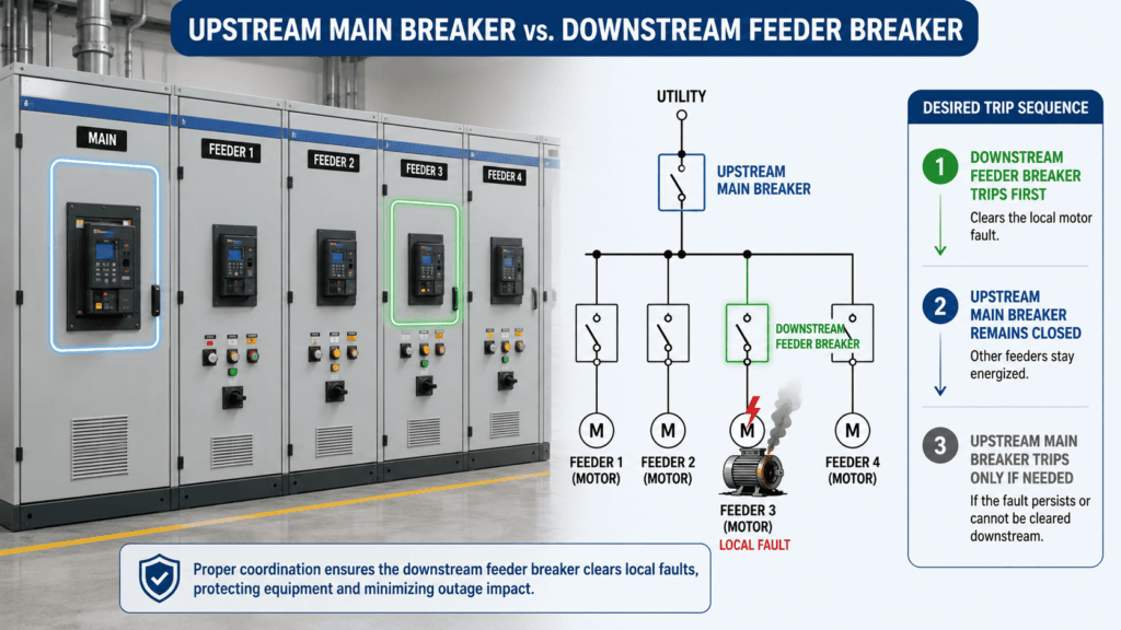 Diagram showing a downstream feeder breaker clearing a motor fault before the upstream main breaker
