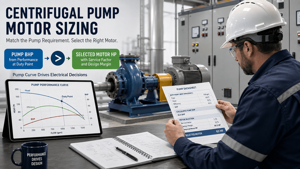Centrifugal pump motor sizing review comparing pump BHP with selected motor HP
