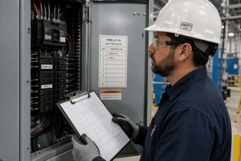 Electrical technician verifying panel labels against electrical drawings before maintenance work