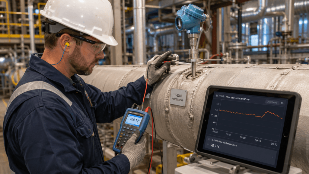 Technician troubleshooting an accurate temperature sensor while the process temperature trend shows an unexpected reading