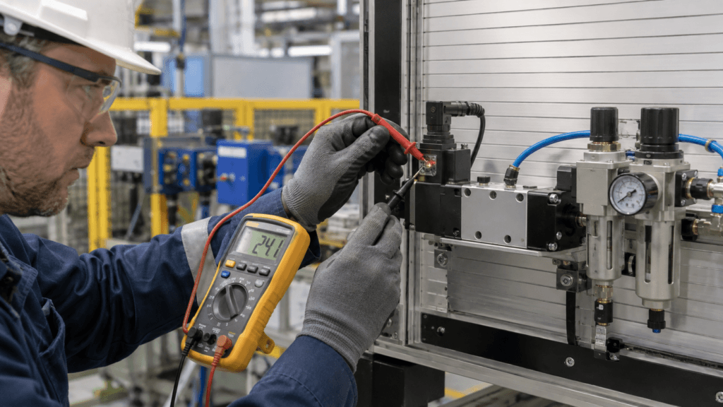 Technician measuring voltage directly at a pneumatic solenoid valve coil with a digital multimeter