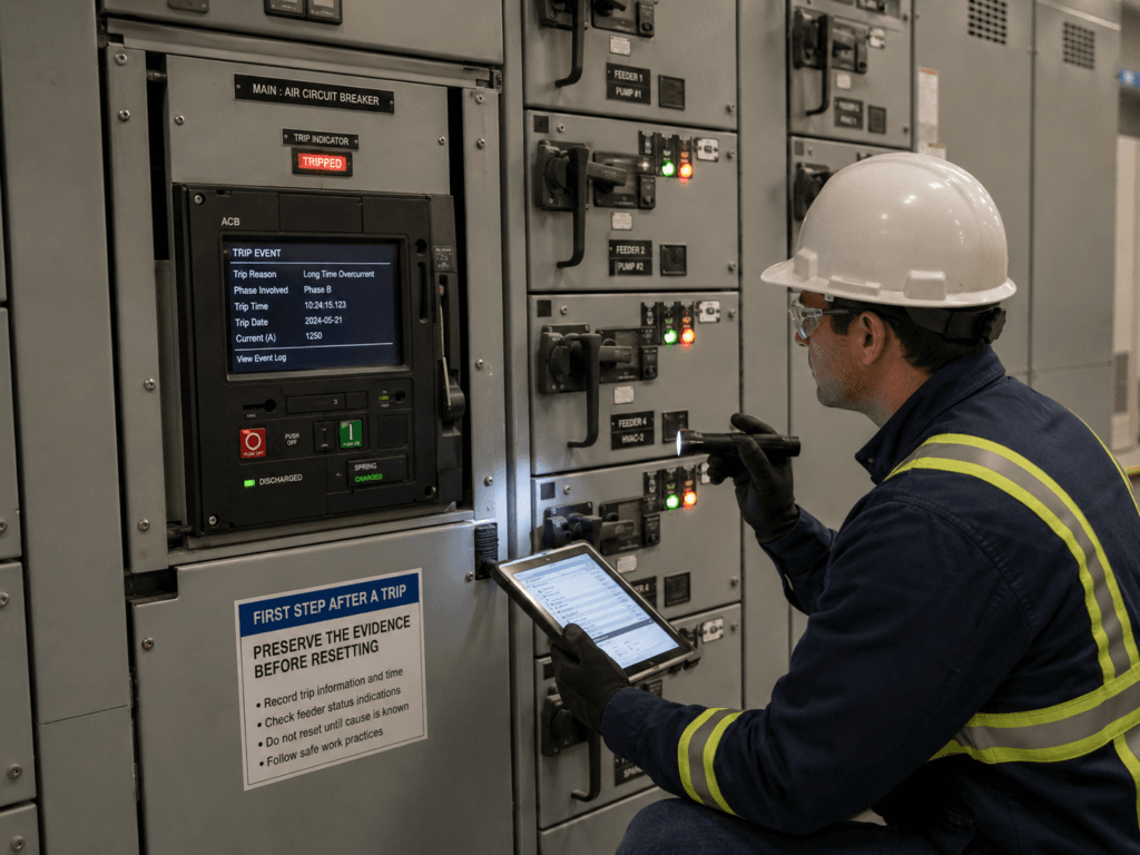 Electrical engineer recording MCC main breaker trip data and event information before resetting the breaker