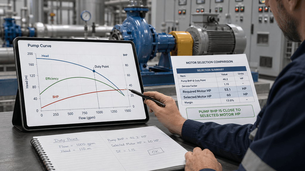 Pump performance curve showing BHP at the duty point compared with selected motor HP