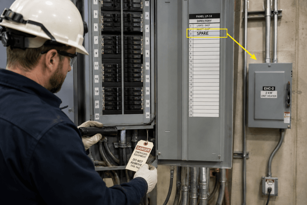 Electrical panel breaker marked SPARE while the circuit is connected to existing electrical equipment