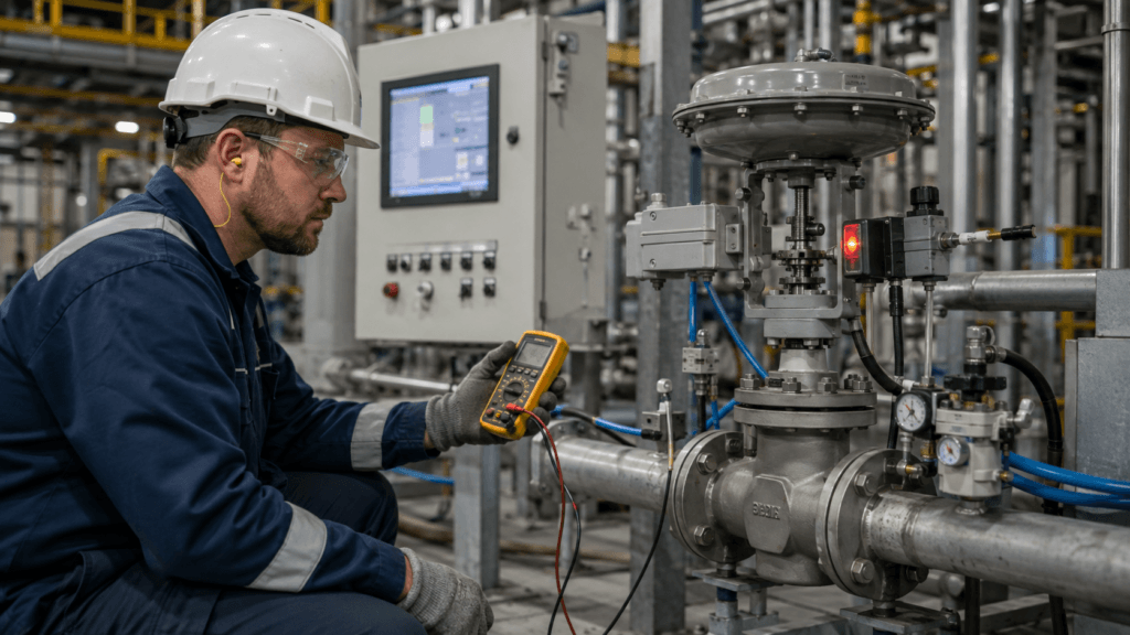 Technician inspecting the instrument air filter regulator and pneumatic supply to an actuated valve