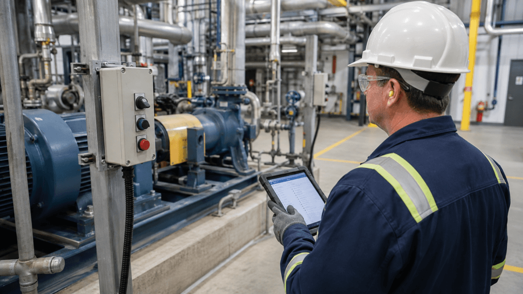 Technician checking a local remote selector station beside industrial rotating equipment