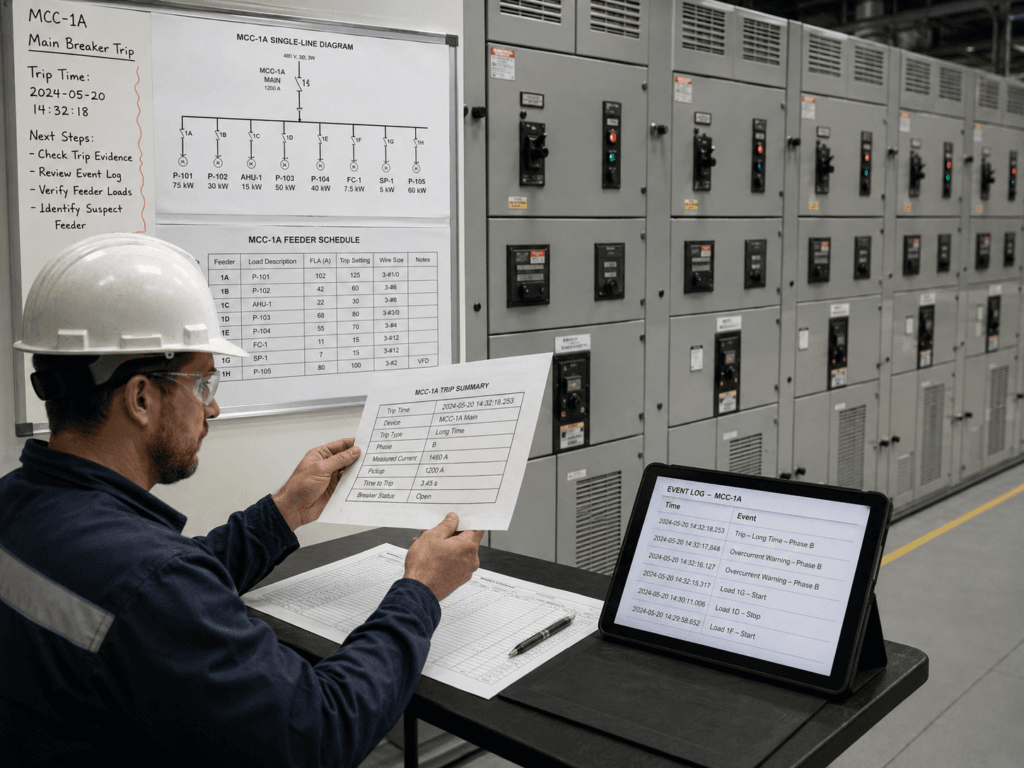 Electrical engineer comparing MCC event logs, feeder schedule, and single-line diagram after a main breaker trip