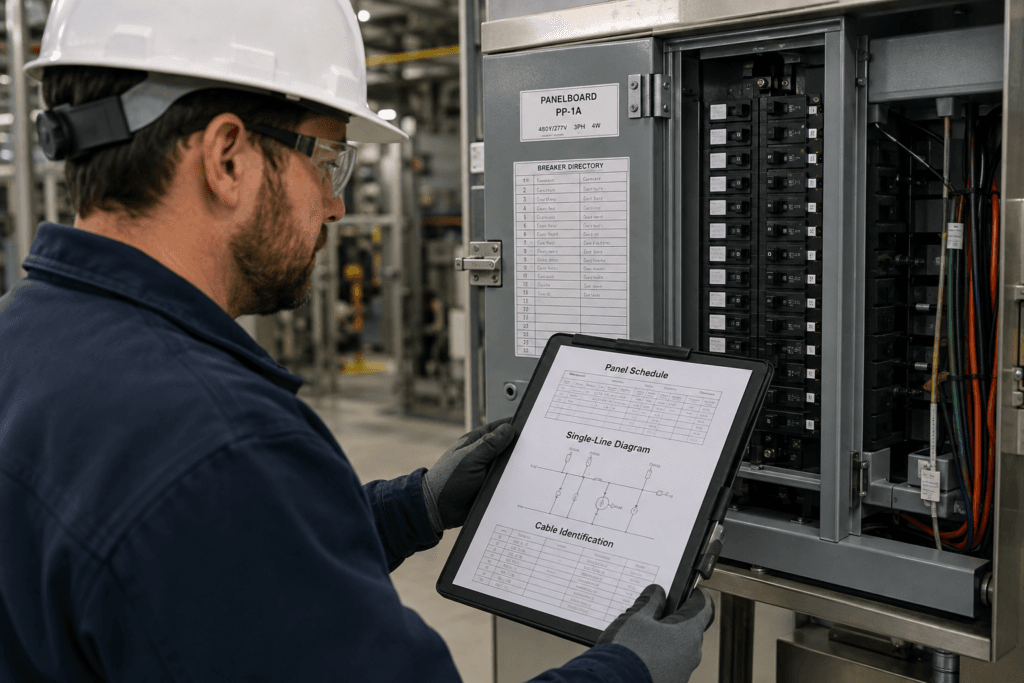 Electrical technician comparing panel labels with a panel schedule, single-line diagram, and cable identification