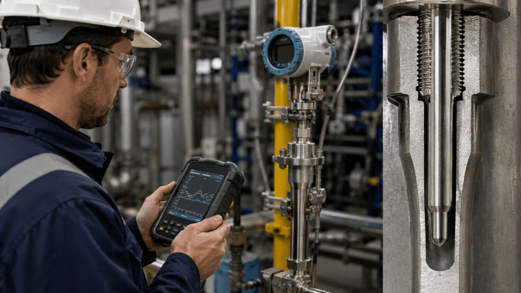 Technician inspecting a temperature sensor and thermowell assembly to verify proper sensor insertion and thermal contact