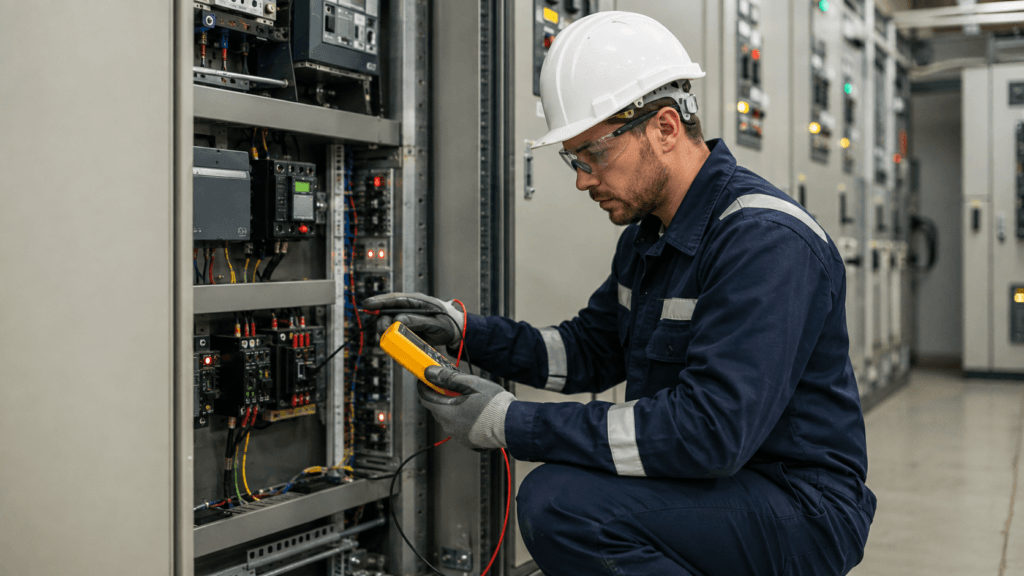 Technician troubleshooting a hardwired control circuit inside an electrical control panel