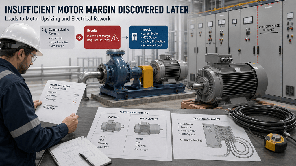 Electrical engineer reviewing motor upsizing and electrical rework after insufficient pump motor margin