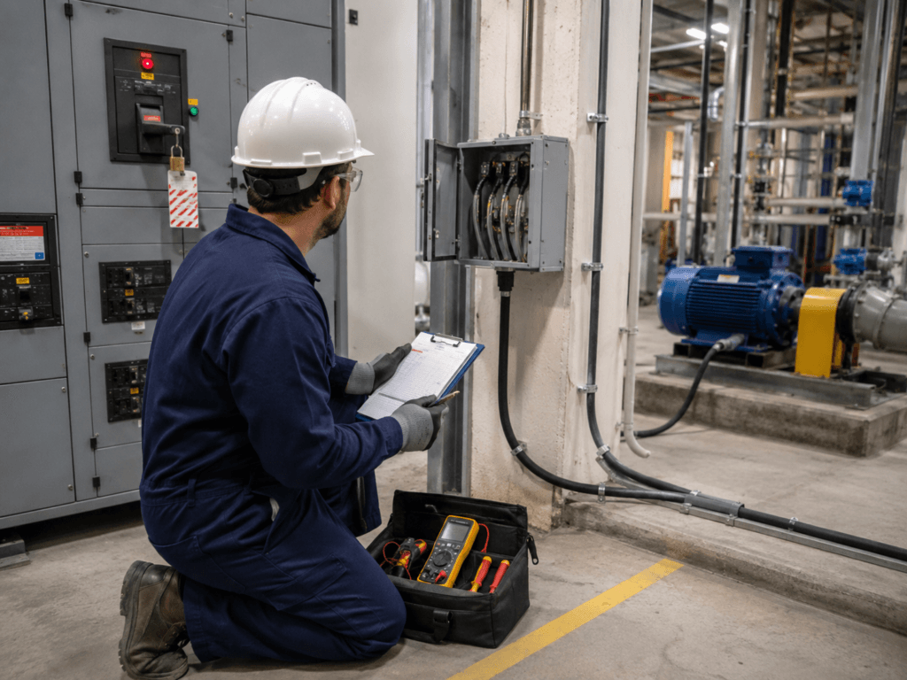 Electrical technician inspecting an isolated motor feeder circuit between the MCC, cable, and motor after a breaker trip
