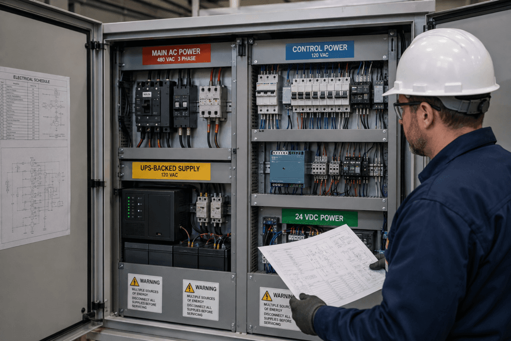 Electrical control panel with separate main AC, control power, UPS-backed supply, and 24 VDC power sources