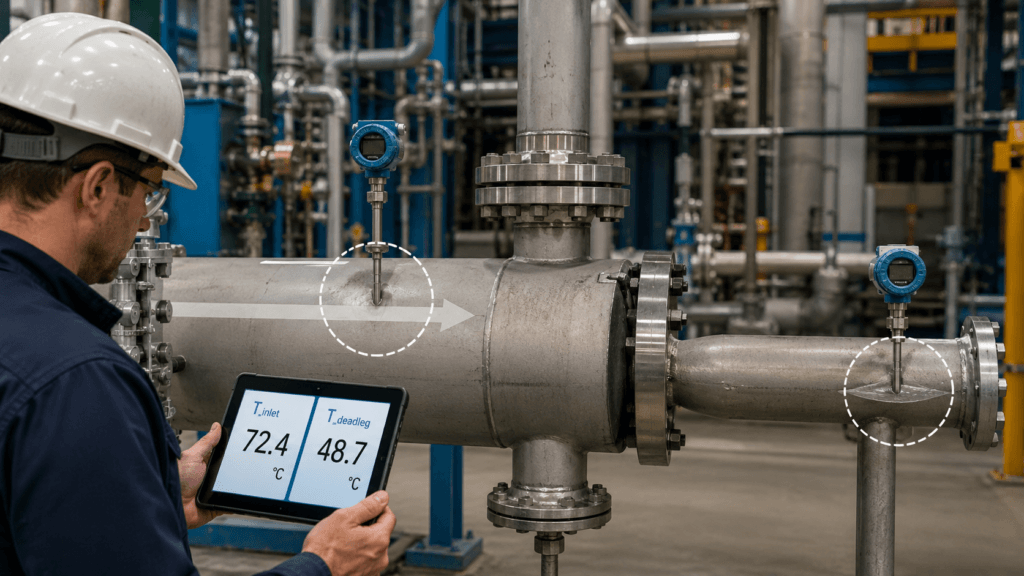 Comparison of temperature sensors installed in a main process line and a low-flow dead leg showing different temperature readings