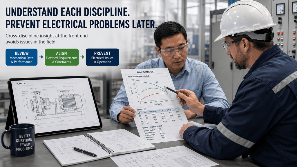 Electrical and mechanical engineers reviewing a centrifugal pump datasheet and motor sizing together
