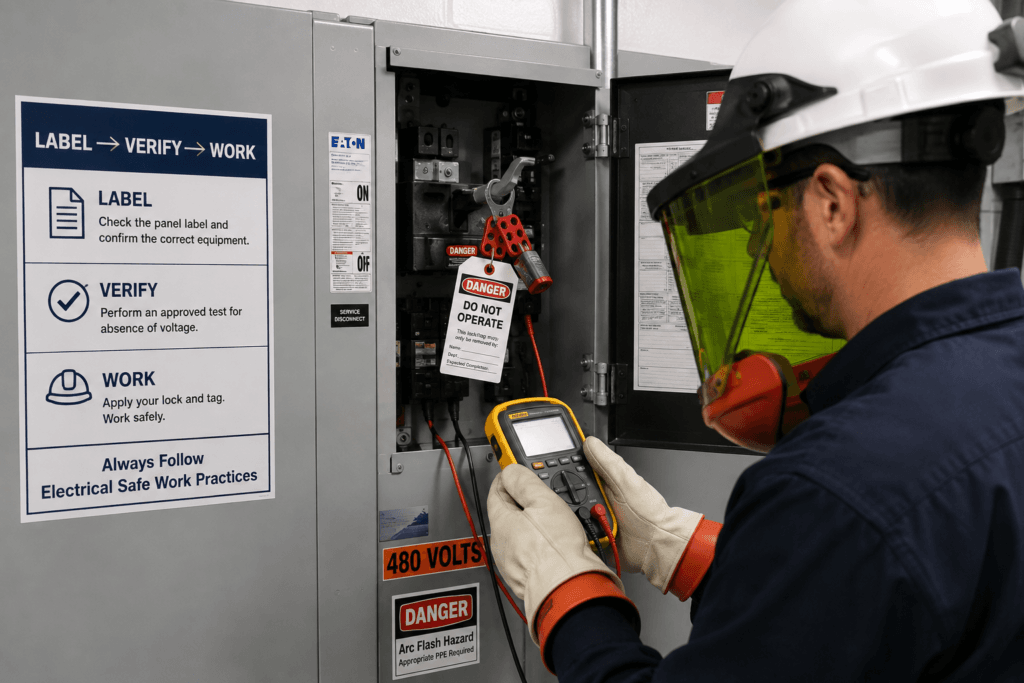 Qualified electrical technician verifying absence of voltage during an approved lockout tagout procedure