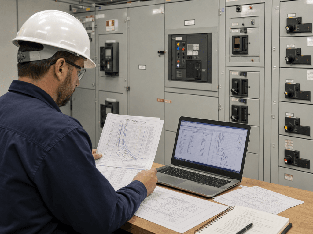 Electrical engineer reviewing time-current curves and protection coordination after an MCC main breaker trip