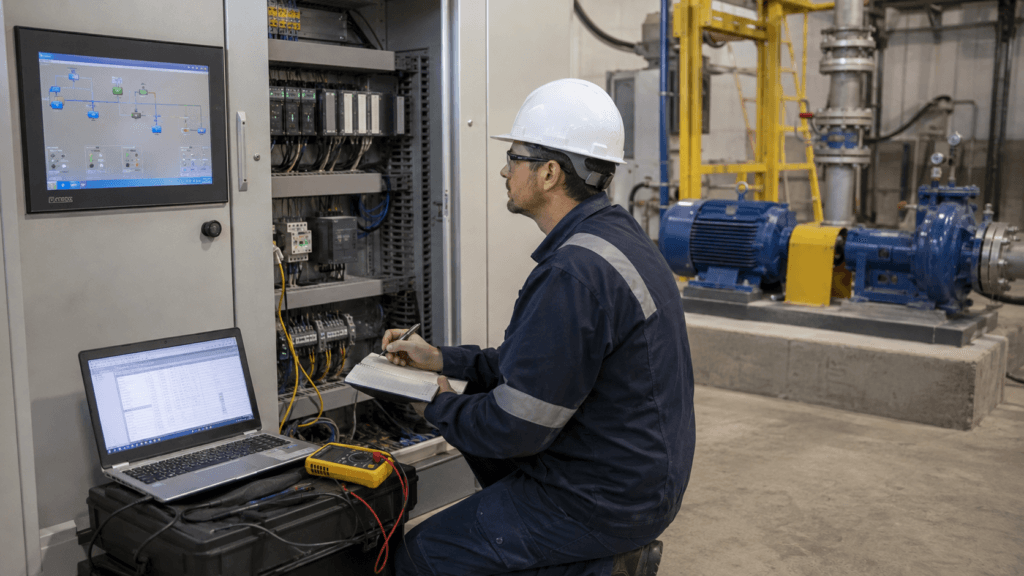 Engineer tracing a machine start command between the HMI, PLC panel, and field equipment