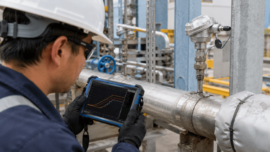 Technician reviewing temperature trend data to compare sensor response time and identify measurement lag