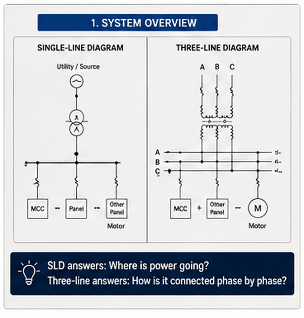 Comparison of a single-line diagram showing overall power system architecture and a three-line diagram showing individual phases