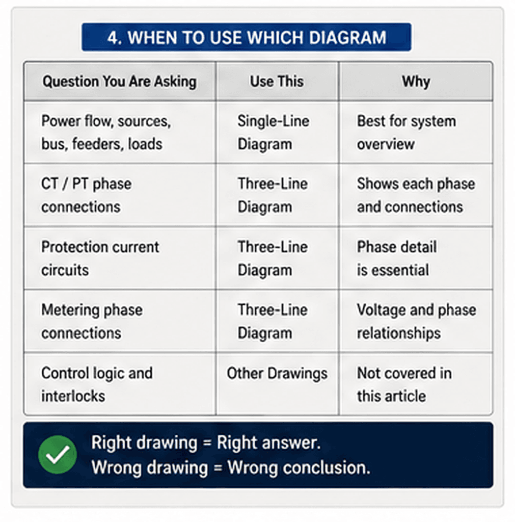 Guide comparing when to use a single-line diagram or three-line diagram for power flow, CT, PT, protection, and metering questions