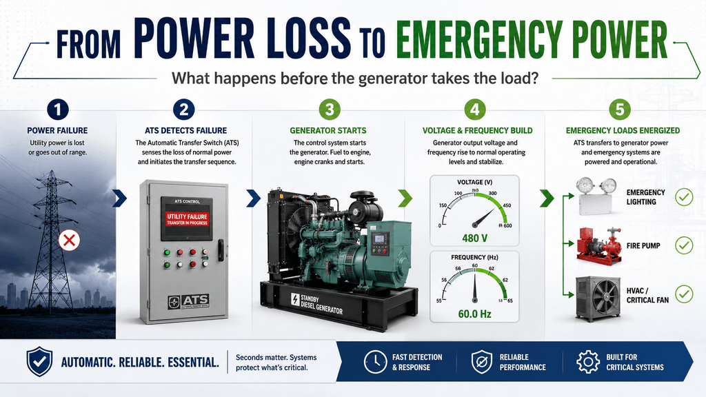 Emergency power sequence from utility power failure to generator power transfer