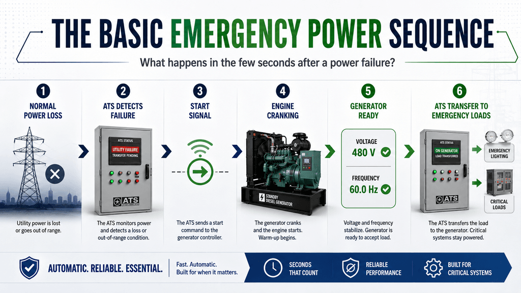 Basic emergency power sequence showing power loss ATS detection generator start and load transfer
