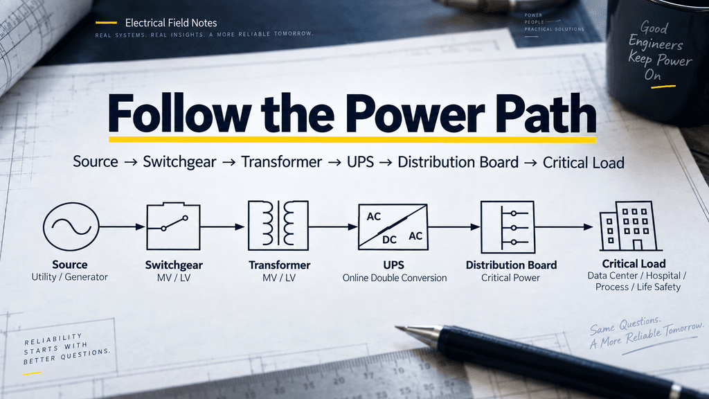 Simple critical power path from source to switchgear transformer UPS distribution board and critical load