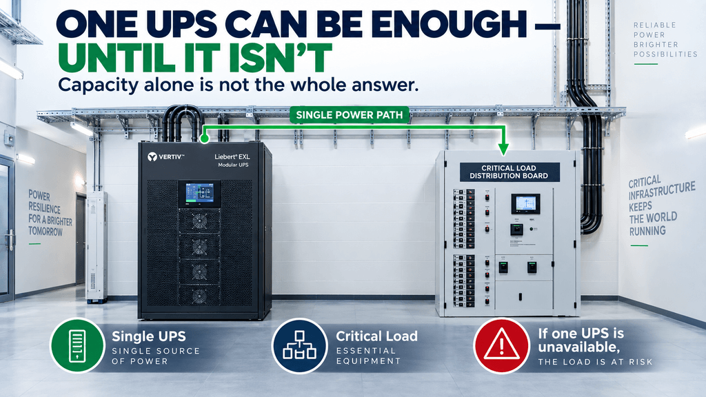 Single UPS feeding a critical load through one power path with no redundant UPS module