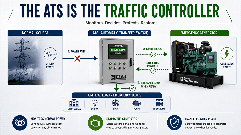 ATS monitoring normal power starting the generator and transferring emergency loads