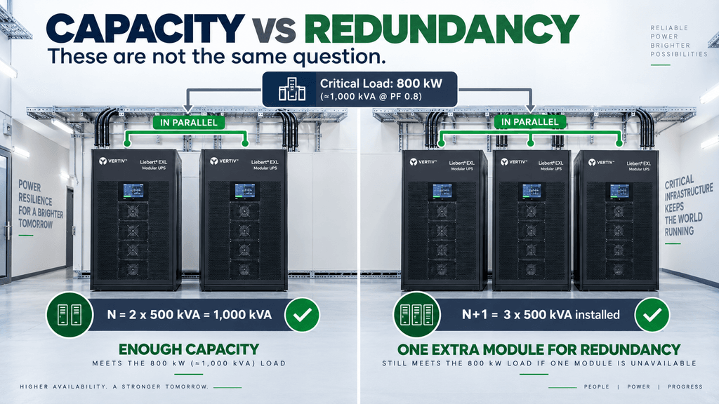 Comparison of UPS capacity and redundancy using two 500 kVA modules for N and three 500 kVA modules for N plus 1