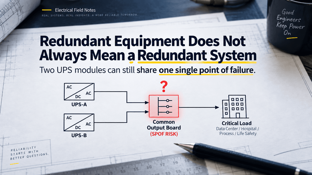 Two redundant UPS modules feeding one common output board that creates a single point of failure
