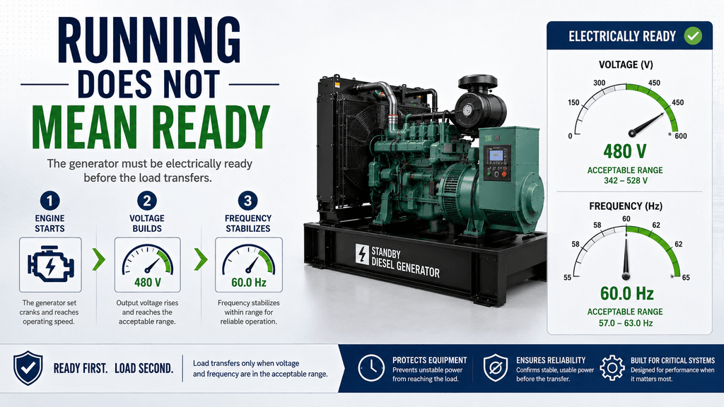 Emergency generator running but not yet ready until voltage and frequency are stable