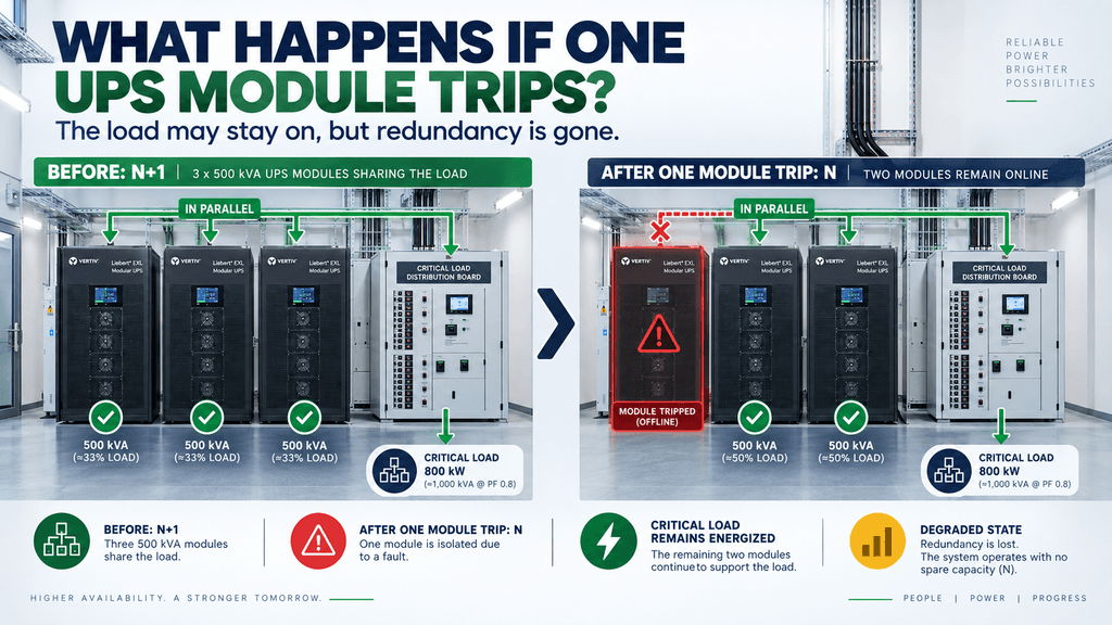 Parallel UPS system changing from N plus 1 to N after one 500 kVA UPS module trips while the critical load remains energized