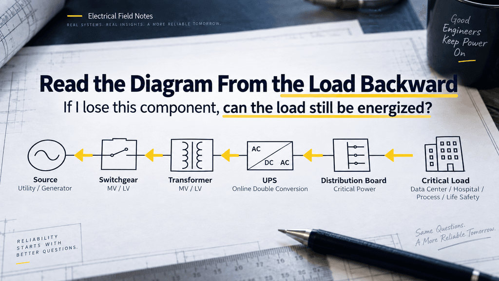 Critical load traced backward through distribution board UPS transformer switchgear and source on a single-line diagram