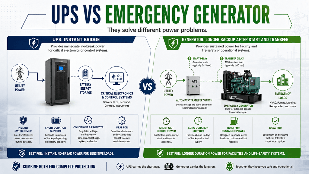 Comparison of UPS and emergency generator showing instant backup versus longer-duration backup power