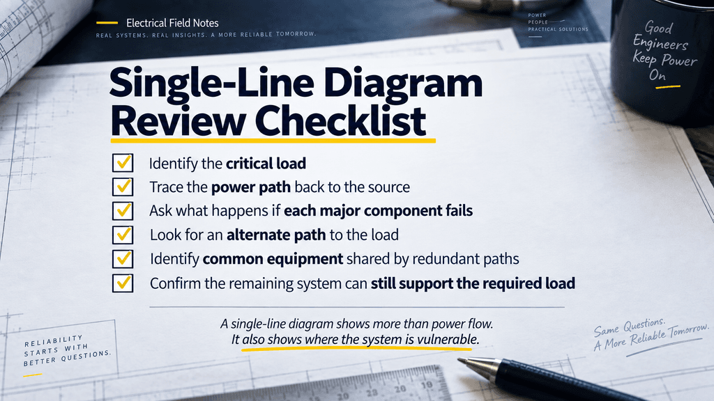 Single-line diagram review checklist for identifying critical load alternate paths and single points of failure
